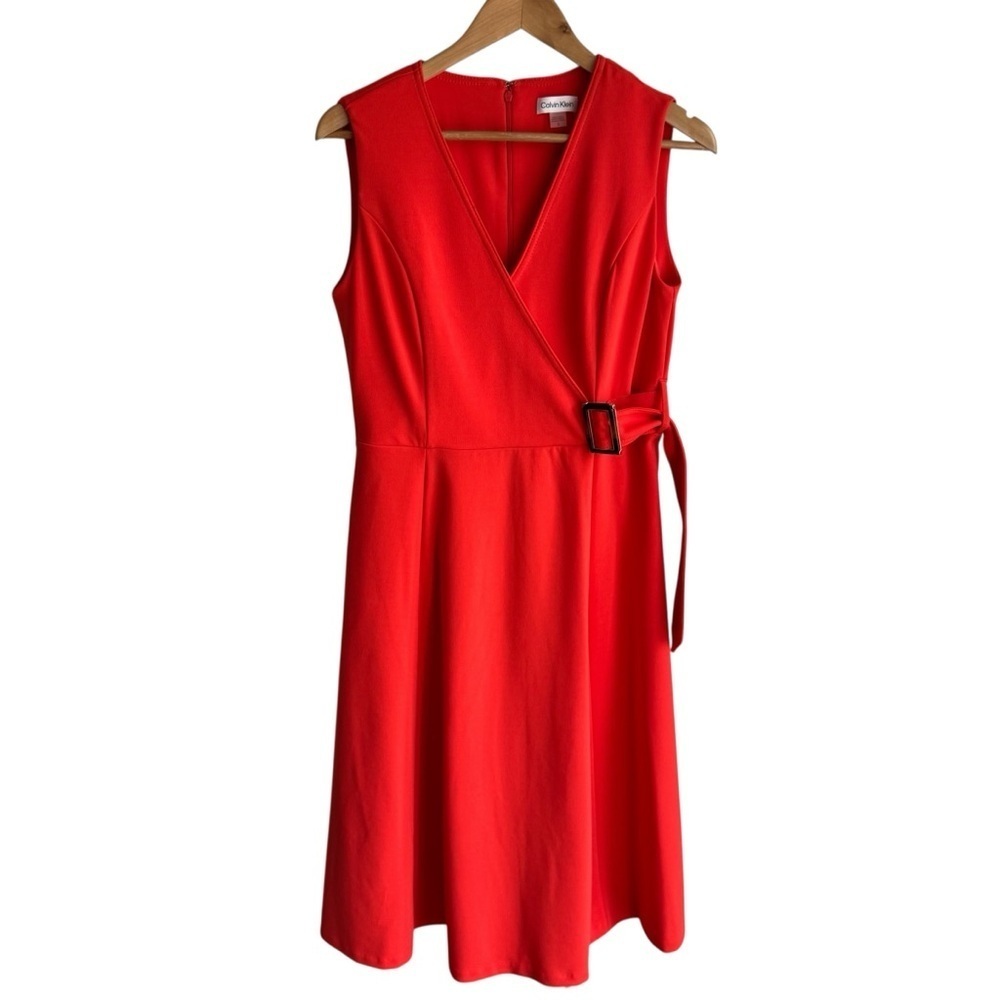Calvin Klein Faux Wrap Dress Sz 12 Orange Fit & Flare Belted Sleeveless EUC